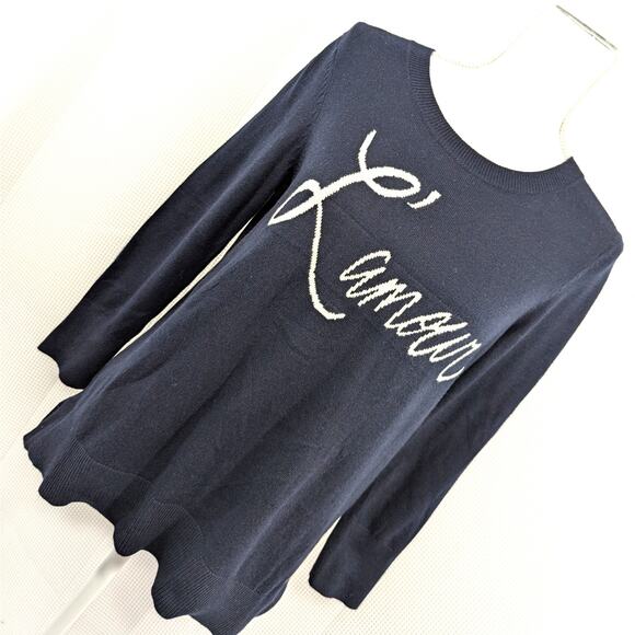LOFT! DEEPEST NAVY BLUE LIGHTWEIGHT SWEATER, "L'AMOUR" KNIT GRAPHIC- CREAM! SZ M - Picture 1 of 8